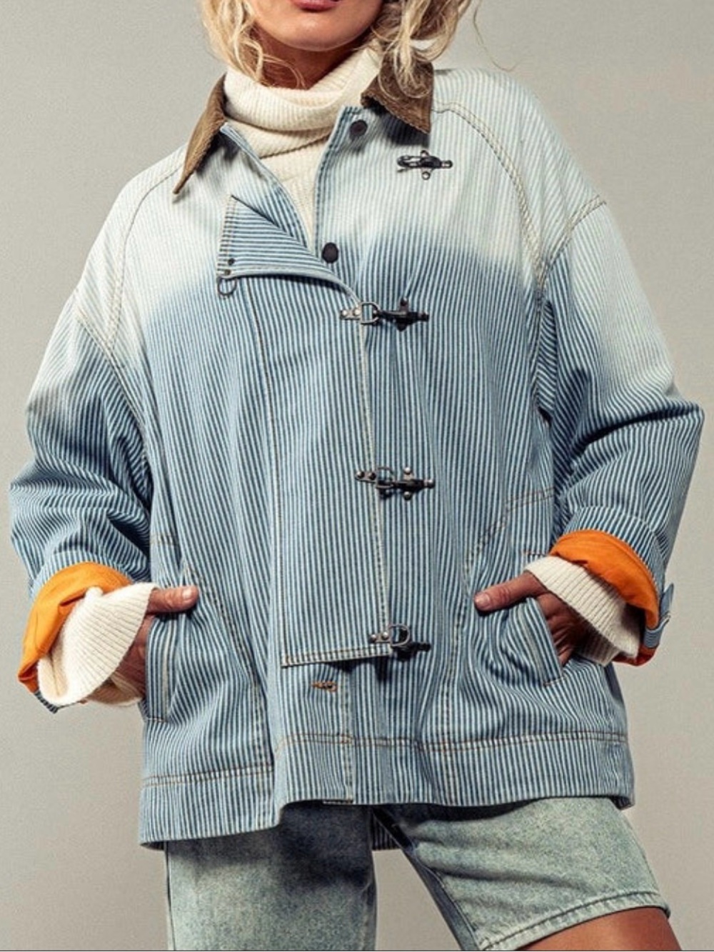 We The Free barn Jacket Striped Light Blue Workwear Jacket with Orange Lining